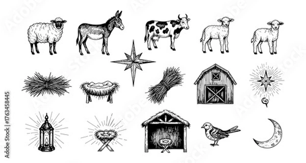 Fototapeta Hand-drawn nativity elements and farm animals in vintage style