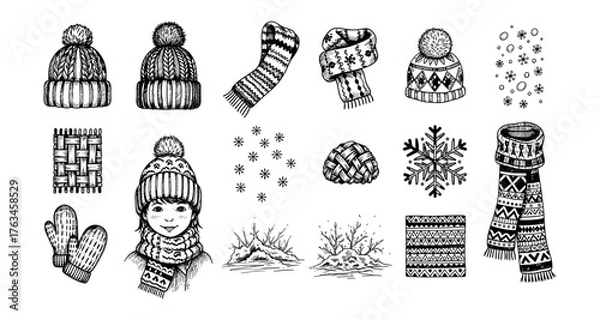 Fototapeta Winter apparel and snowflakes hand drawn collection