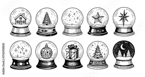 Fototapeta Set of hand drawn winter snow globes with festive holiday designs