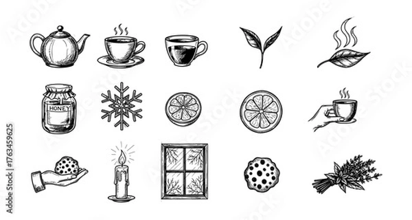 Fototapeta Charming hand drawn tea and cozy winter elements collection for warm ambiance
