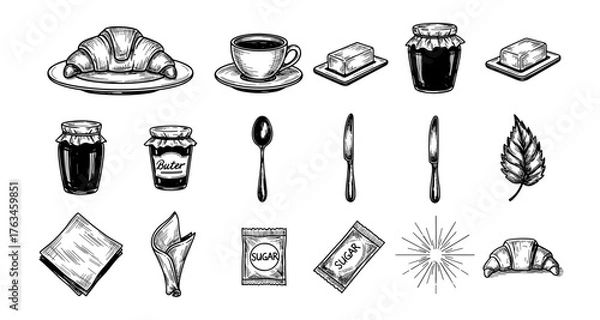 Fototapeta Vintage breakfast elements set with croissant and jam