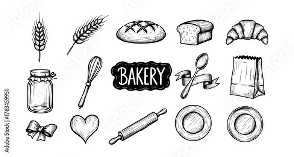 Fototapeta Hand drawn bakery elements with bread, croissants, and utensils