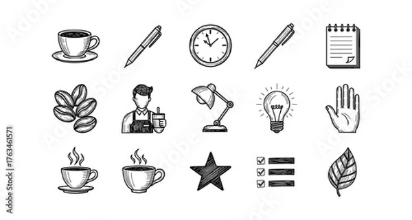 Fototapeta Hand drawn office and coffee elements set: pens, clock, light bulb, coffee bean, barista, checklist
