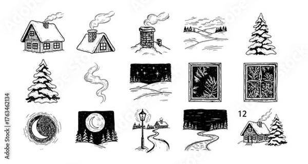 Fototapeta Vintage winter scene with houses, chimneys, and snowy landscapes in hand-drawn style
