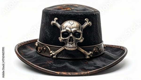 Fototapeta Black leather cowboy-style hat with metallic skull and crossbones emblem distressed texture and gothic decorative elements for editorial fashion photography costume design and rebellious aesthetic-the