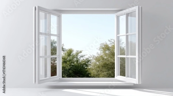 Fototapeta Open White Window Framing Scenic Green Trees Against Clear Blue Sky in Bright Room Interior