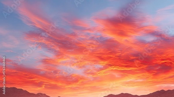 Fototapeta Vibrant Sunset Sky with Colorful Clouds Over Mountains in a Scenic Nature Landscape at Dusk