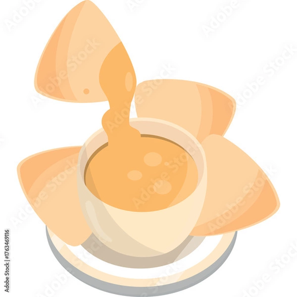 Obraz A bowl of golden cheese sauce with tortilla chips arranged around it and one chip dipping into the sauce with a transparent background