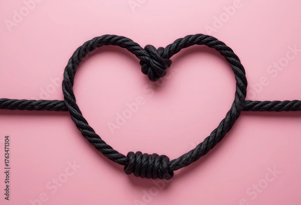 Fototapeta thick black rope tied in elegant heart knot, flat lay on pastel pink background