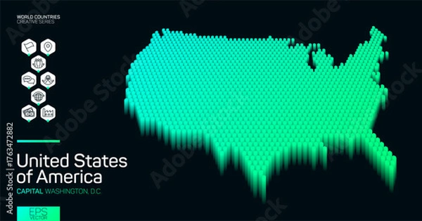 Obraz Isometric map of United States of America with green hexagons