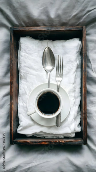 Obraz with white cup and spoon placed on linen cloth in minimal setting
