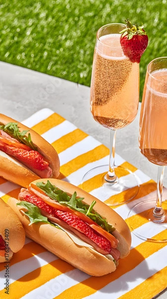 Obraz of picnic blanket filled with fresh fruits, sandwiches, and sparkling drinks outdoors