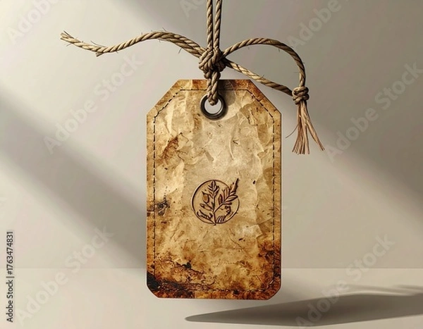 Fototapeta Realistic clothing hang tag mockup with string, embossed logo, premium kraft paper texture, minimal background