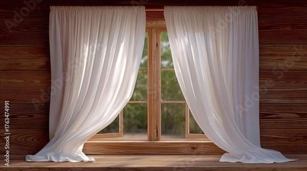 Fototapeta Soft White Curtains Hanging Elegantly in a Cozy Wooden Cabin Window with Natural Light Streaming In