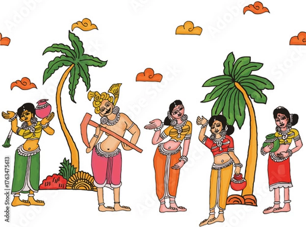 Fototapeta women drawn in Madhubani Kalamkari style for textile printing. traditional seamless kalamkari pattern design isolated on white background. hand drawn madhubani art.

 
