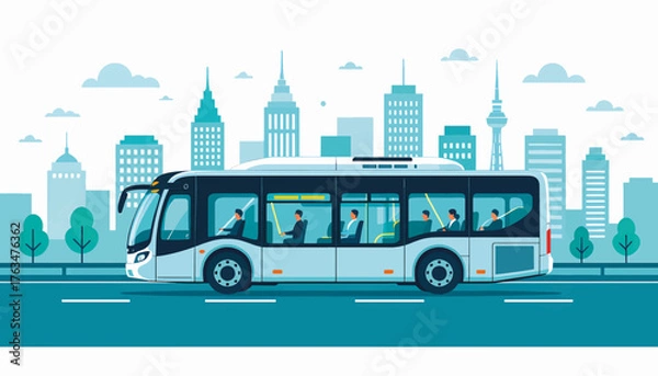Fototapeta A modern city bus driving through an urban cityscape. Public transportation and commuting concept. Flat design vector illustration