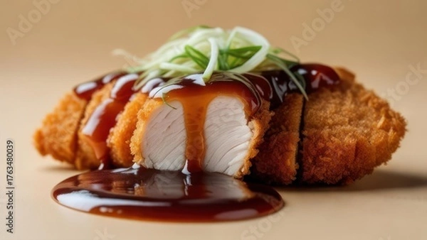 Obraz Deliciously crispy chicken katsu drizzled with savory sauce, perfect for your food blog or restaurant menu