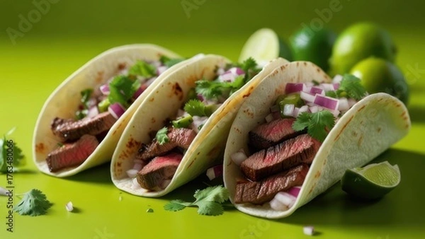 Obraz Delicious steak tacos with fresh cilantro and onion on bright green background for restaurant menu design
