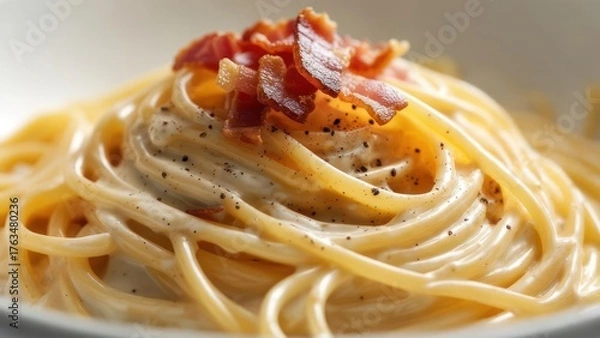 Obraz Creamy spaghetti carbonara with crispy bacon for a delicious lunch or dinner, a classic Italian meal