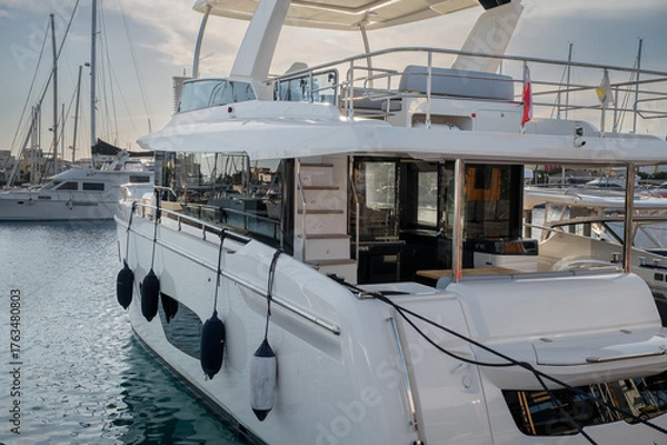 Fototapeta A sleek and modern yacht docked peacefully at the marina, showcasing its elegant design and spacious upper deck at Limassol Marina