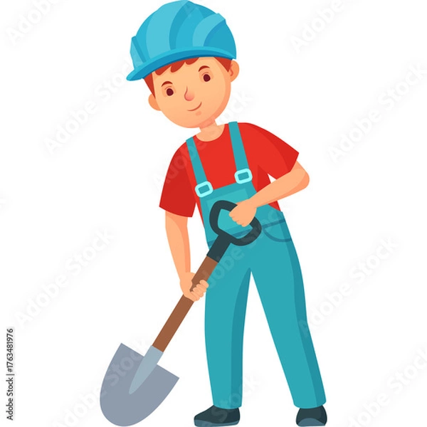 Fototapeta Cartoon Boy Wearing Blue Hard Hat and Overalls Digging with a Shovel In A Construction Setting