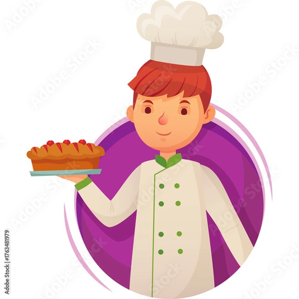 Fototapeta Cartoon Chef Character Holding A Delicious Looking Apple Pie In A White Chef Coat With Green Accents And A Chef Hat Against A Purple Circular Background
