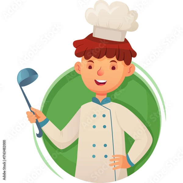 Fototapeta Cartoon Chef Character Holding Ladle Wearing White Uniform and Chef Hat with Green Circle Background and Transparent Background
