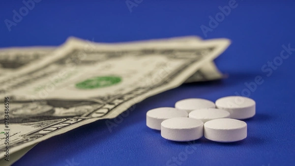 Fototapeta Money and pills on a blue background showing the relationship between finances and health choices