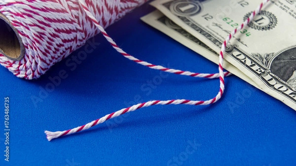 Fototapeta Red and white twine beside one dollar bill on blue background during a crafting session