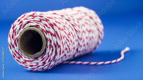 Fototapeta Red and white twine spool on a blue background, ideal for crafts and decoration projects