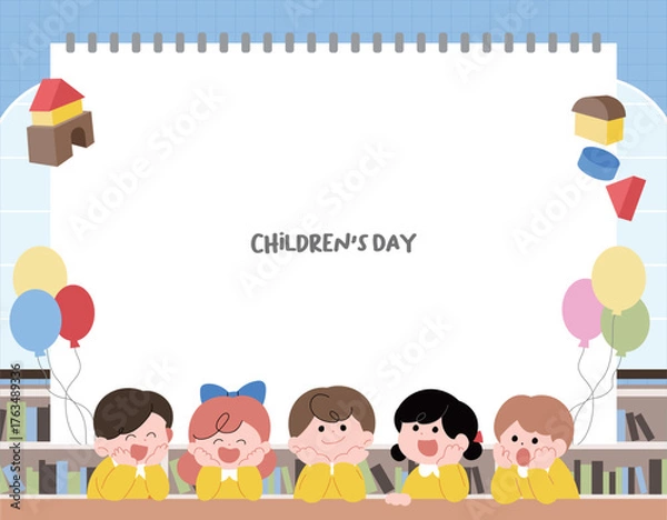 Obraz 파란색, 스케치북 배경, 귀여운 어린이들이 웃고 있는 일러스트