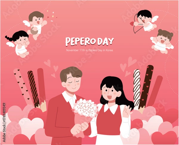 Fototapeta 빨간색, 한국 기념일 빼빼로데이, 남자가 여자에게 꽃다발을 주고 있다.
