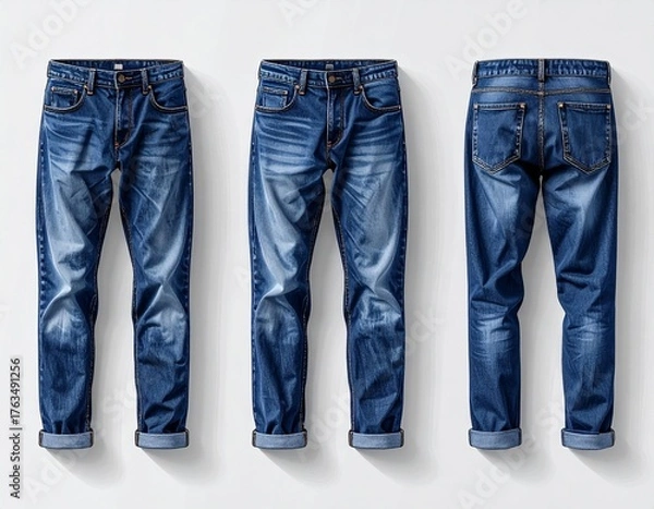 Fototapeta Realistic jeans mockup with detailed stitching, shadows, and washed denim texture, modern streetwear fit, flat lay and on-model options