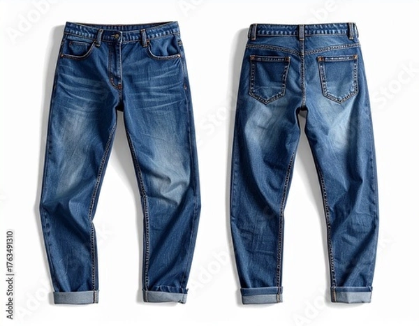 Fototapeta Realistic jeans mockup with detailed stitching, shadows, and washed denim texture, modern streetwear fit, flat lay and on-model options