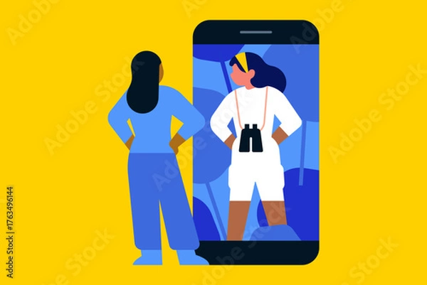 Obraz Explorer app concept illustration with woman discovering nature through smartphone