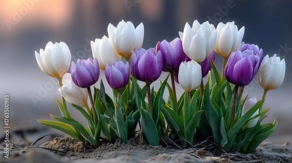Fototapeta Elegant Tulip Display White and Purple Blooms with Dew Drops.