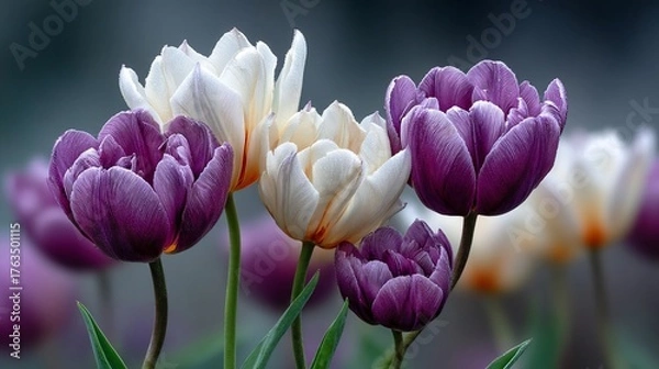 Fototapeta Exquisite DewKissed Tulips Purple and White Blooms in Soft Focus.