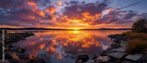 Obraz Fiery Sunset Reflection Lake Landscape with Dramatic Clouds and Calm Waters.