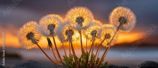 Fototapeta Golden Hour Dandelion Seeds Silhouetted Against Fiery Sunset Sky.