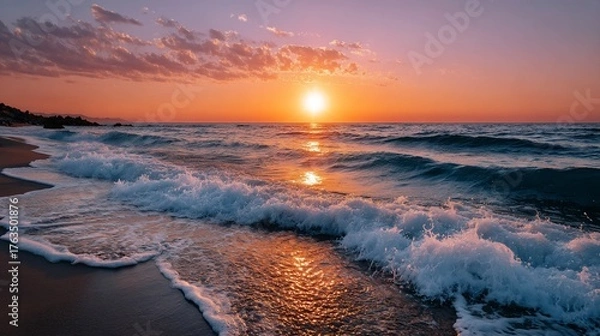 Fototapeta Golden Sunset Over Ocean Waves Serene Beach Scene Dramatic Sky.