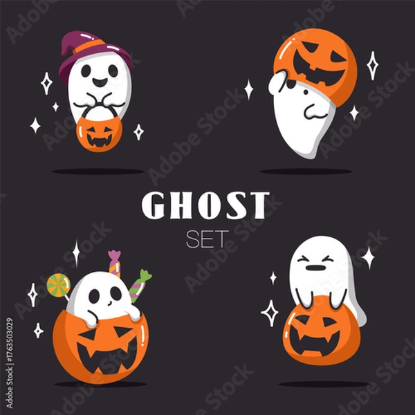 Obraz Vector cartoon set of ghost with pumpkin