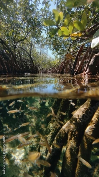 Obraz Mangrove swamp view, split between above and below water, teeming with small fish