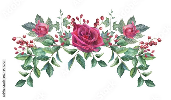 Obraz Watercolor red rose frame, gothic floral arrangement, vampire flower PNG border, isolated image with transparent backdrop 