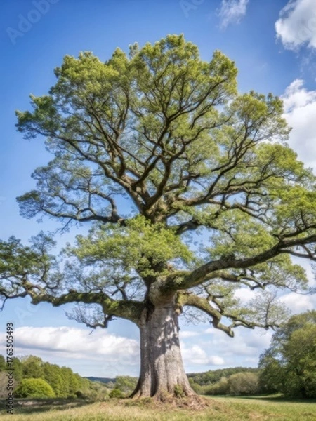 Fototapeta MATURE ANCIENT OAK TREE STANDING ALONE IN A SERENE FOREST