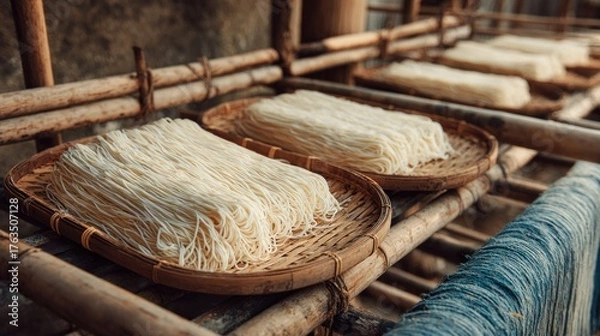 Obraz Noodles drying on bamboo racks