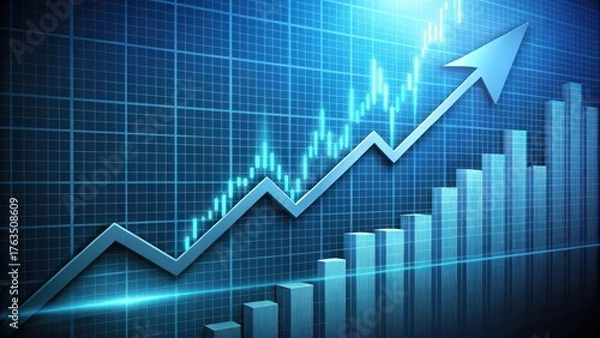 Fototapeta A stock market graph displaying upward trend with arrow indicating growth and increasing values