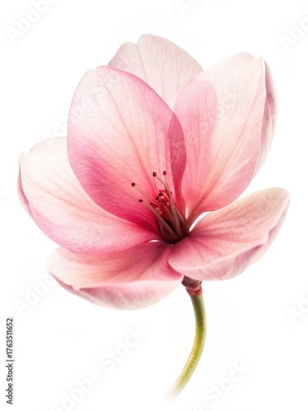 Fototapeta Delicate pink petals unfurl in a single cherry blossom against a stark white background