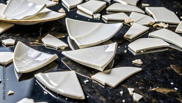 Obraz Fractured white ceramic shards scattered on a dark surface for artistic arrangement