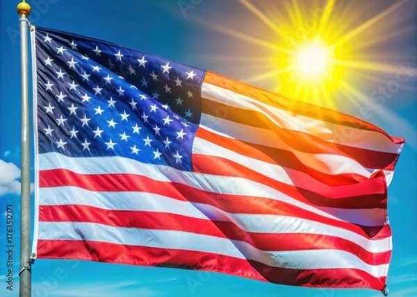 Obraz American flag waving in the wind on a sunny day at a outdoor celebration