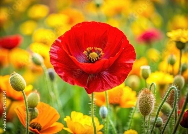 Fototapeta Close-up of a red poppy blooming in yellow buds